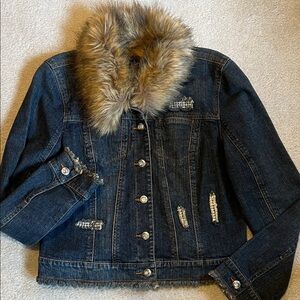 INC denim jacket with faux fur collar